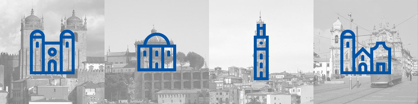 porto card icons poster Transports city Urban skyline vector blue geometric modern pictogram minimal modular