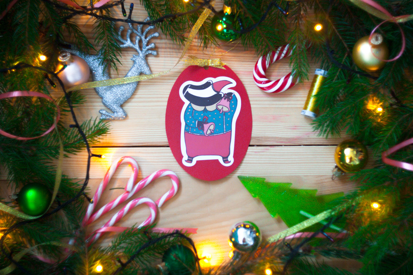badger sticker Holiday greetings newyear Christmas gift winter Stationery santa snowman