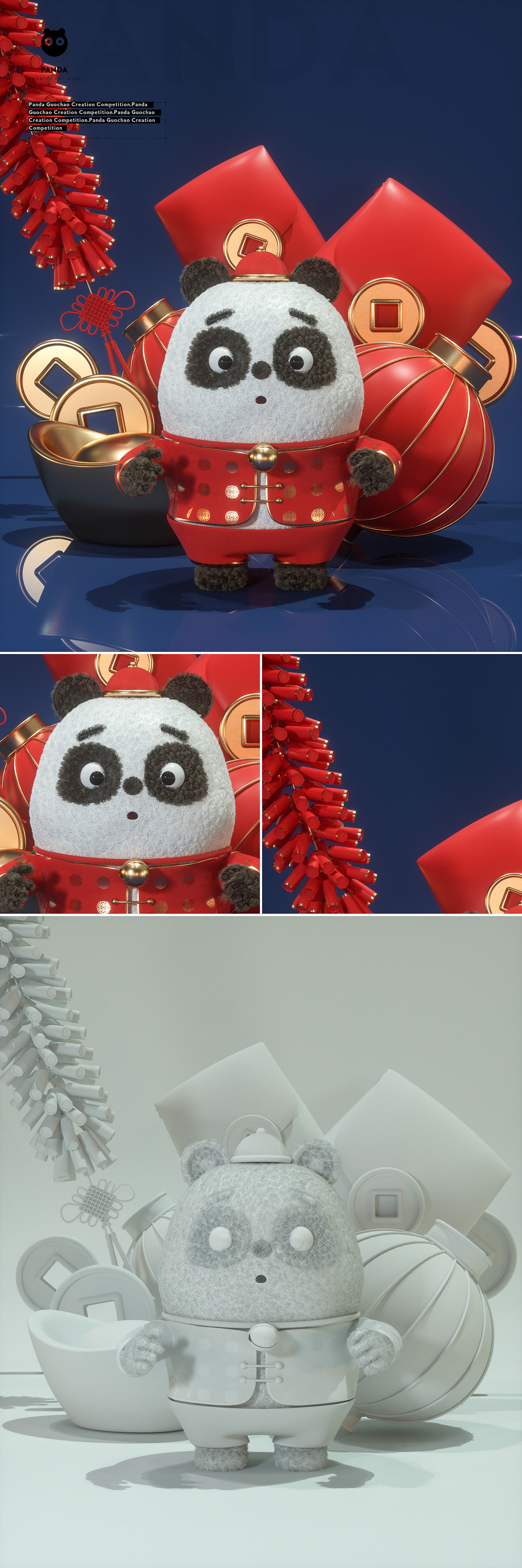 c4d Character chinese traditions Clothing Mascot Maxon Cinema 4d painting   Panda  peking opera 东方胖丸-国潮熊猫