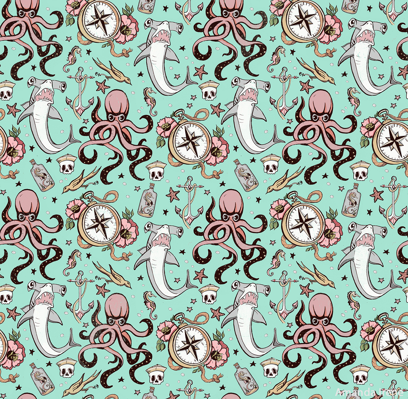 nautical octopus skull Sailor shark water sea tattoo pattern textile