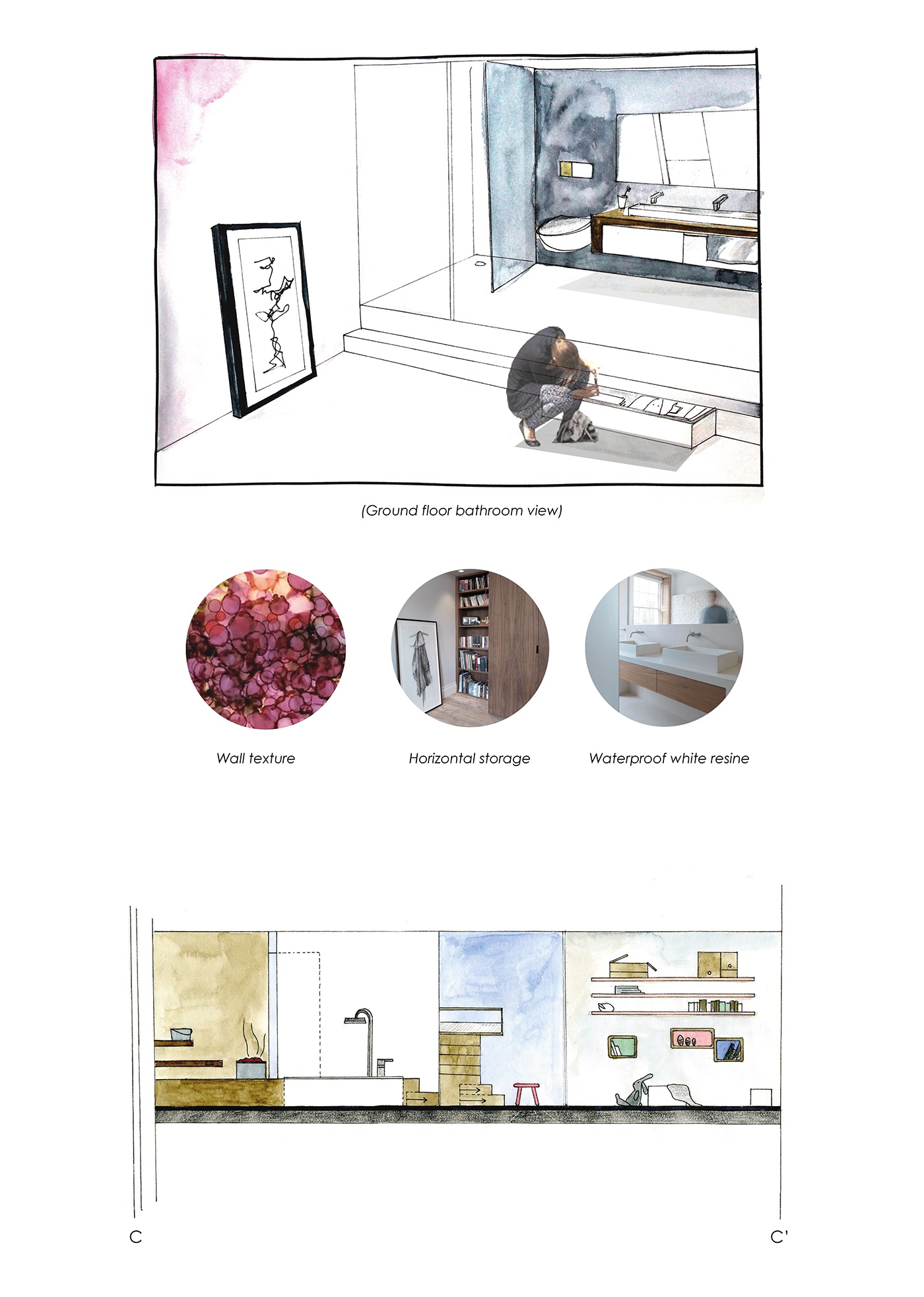 Level apartment finland helsinki pastel colors couple stairs handmade drawing bathroom bedroom mock-up lighting aquarelle water ink home