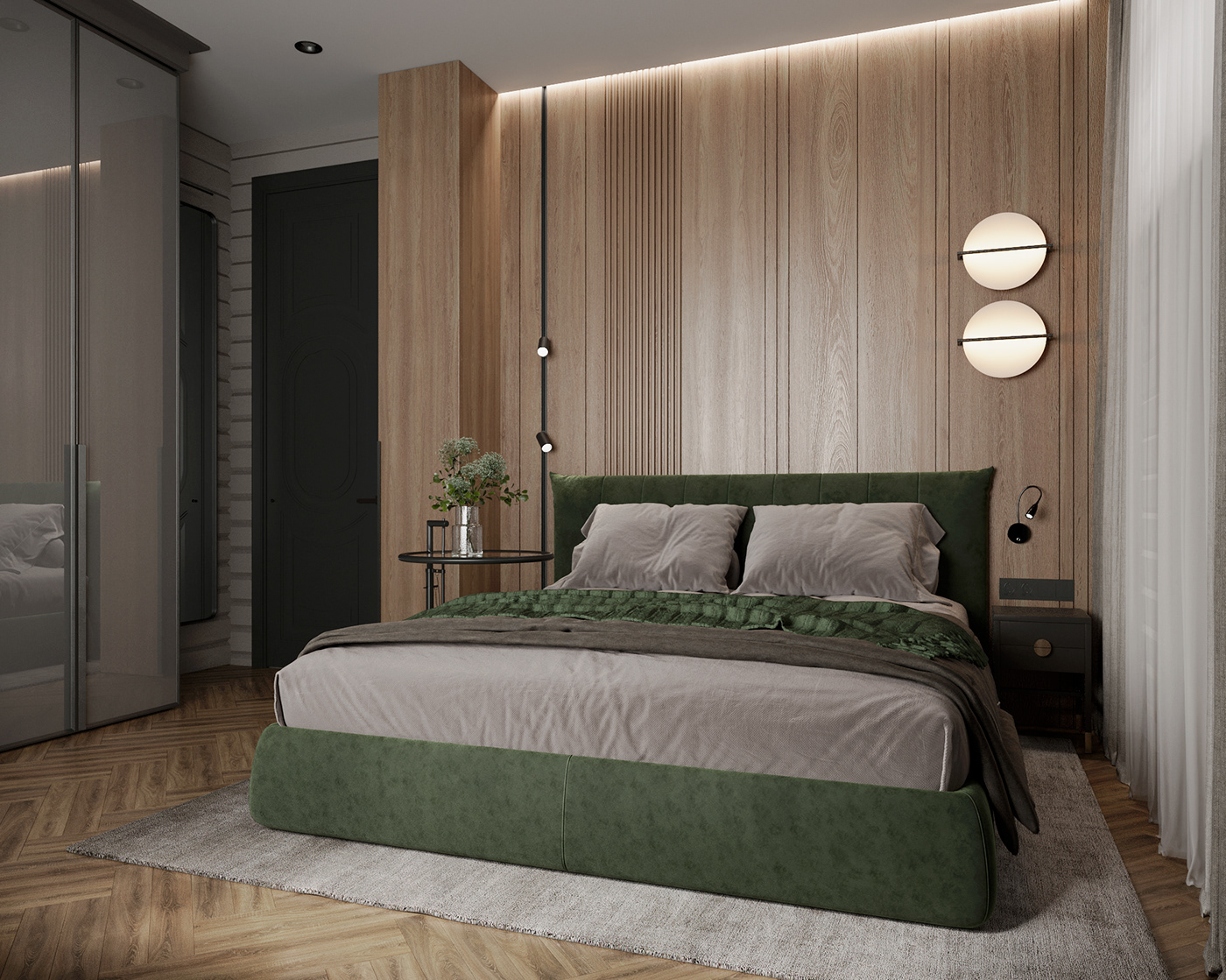 bedroom dark bedroom master bedroom interior design  visualization Woodhouse Log house black interior Dark interior