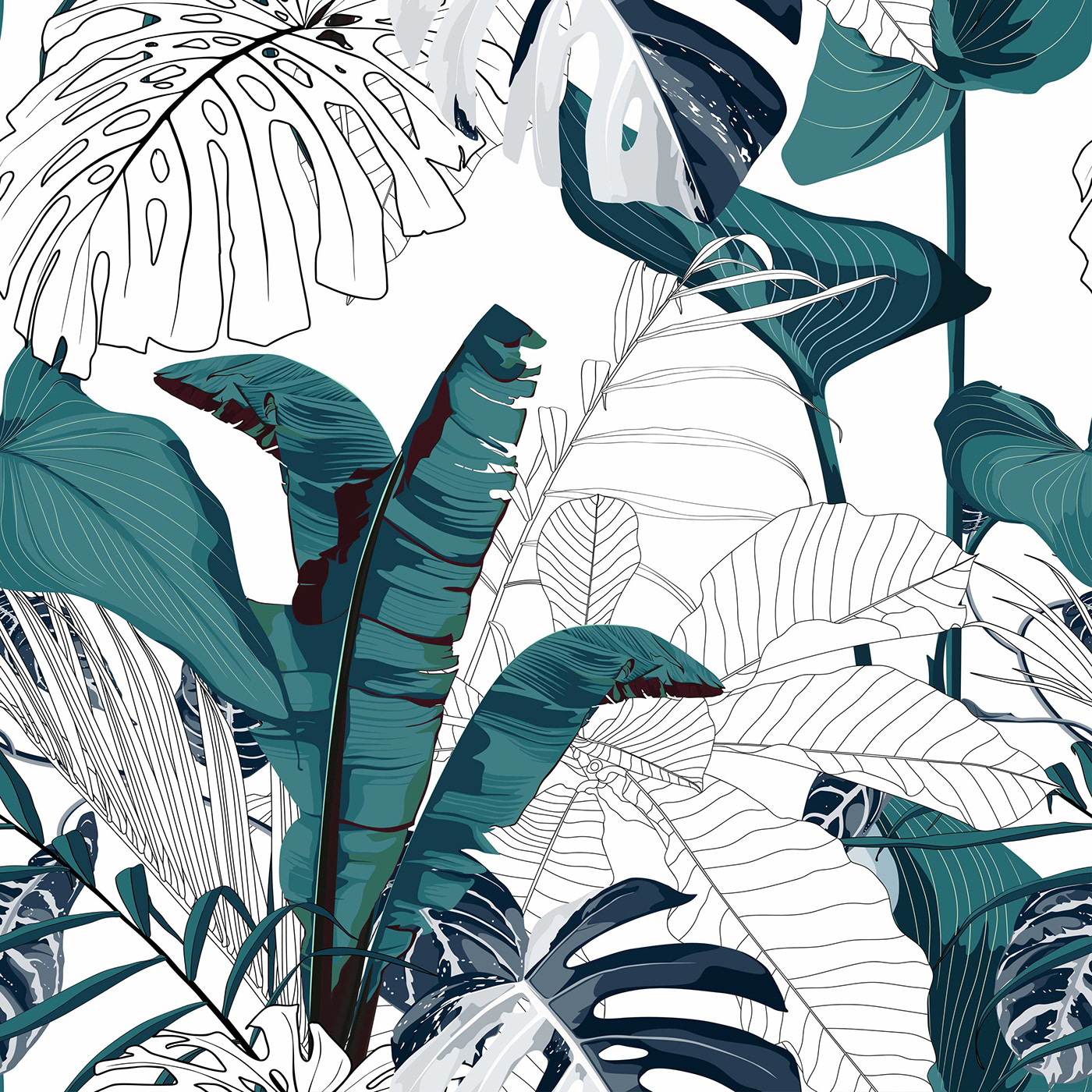 Fashionable seamless tropical pattern with tropical bananas monstera leaves.