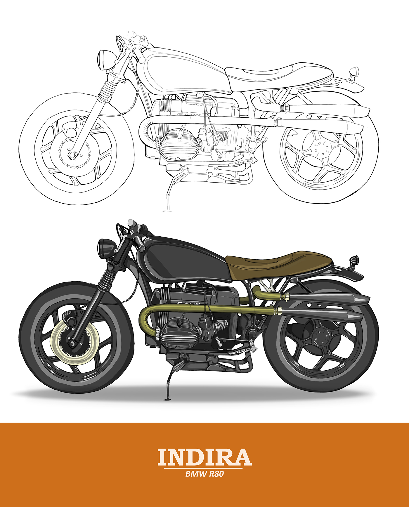 BMW indira custombike motorcycle ton-up vintagebikes photoshop Render sketch lineweight industrialdesign productdesign purdue purdueuniversity