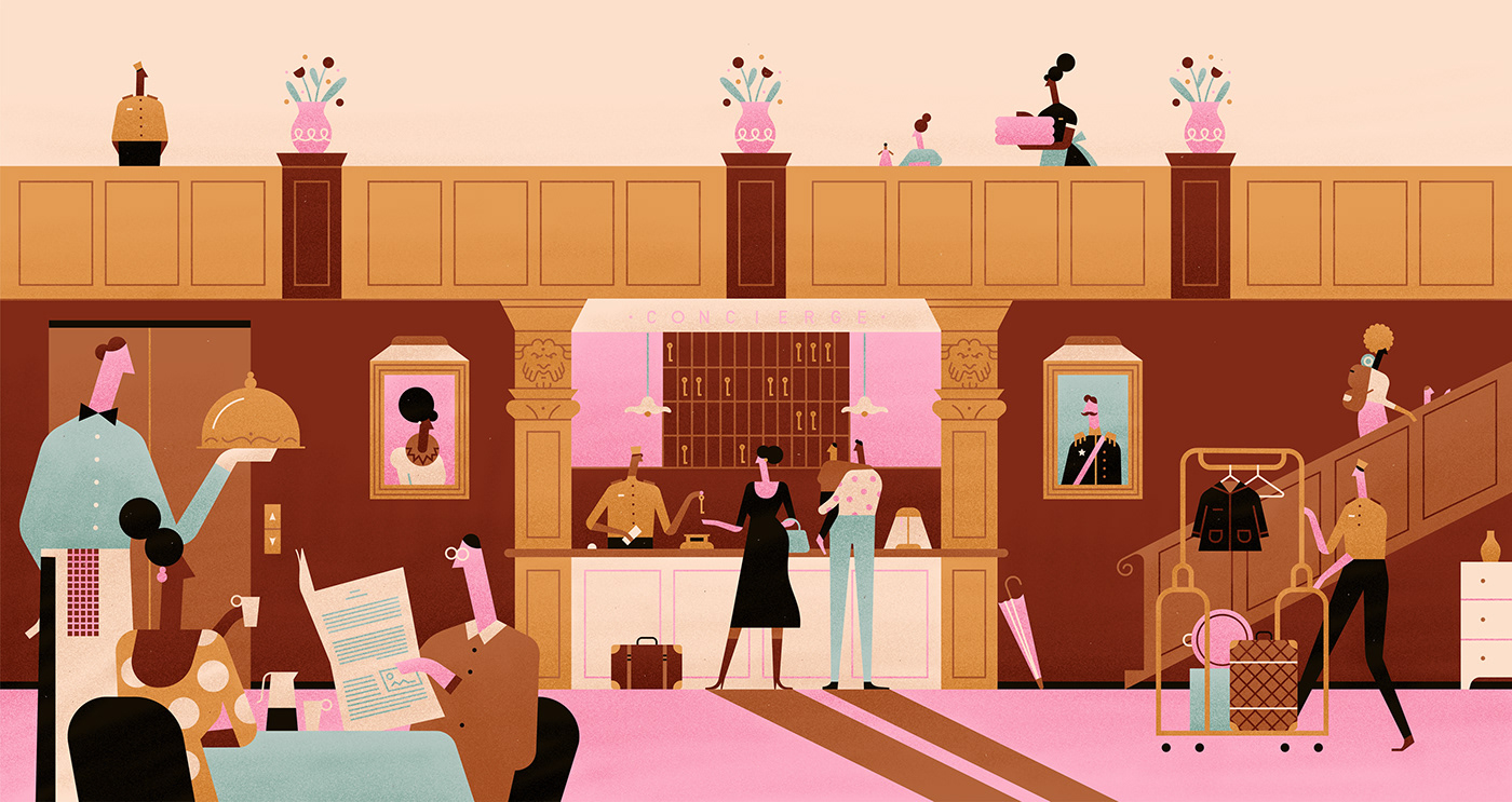 car Character design  Coffee hotel ILLUSTRATION  Lobby staff Street Travel wes anderson