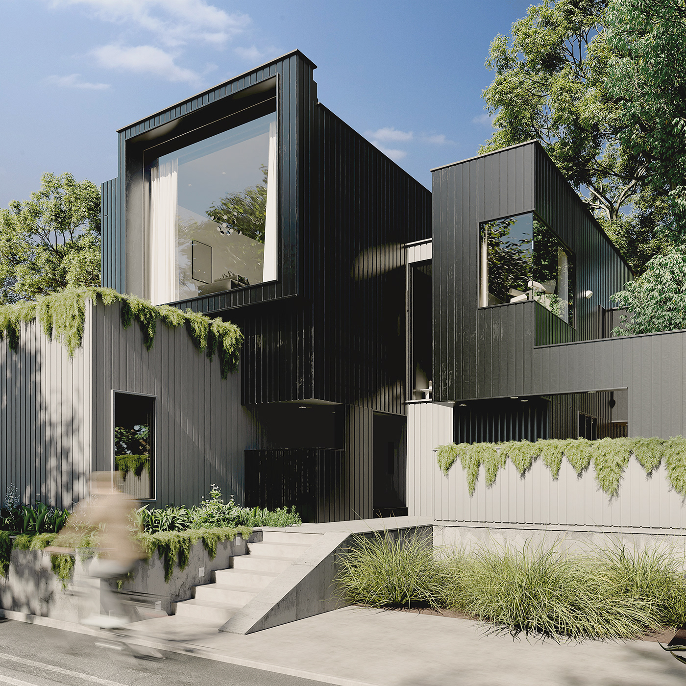 3D architecture black house CGI folliage realistic rendering Townhome Townhouse