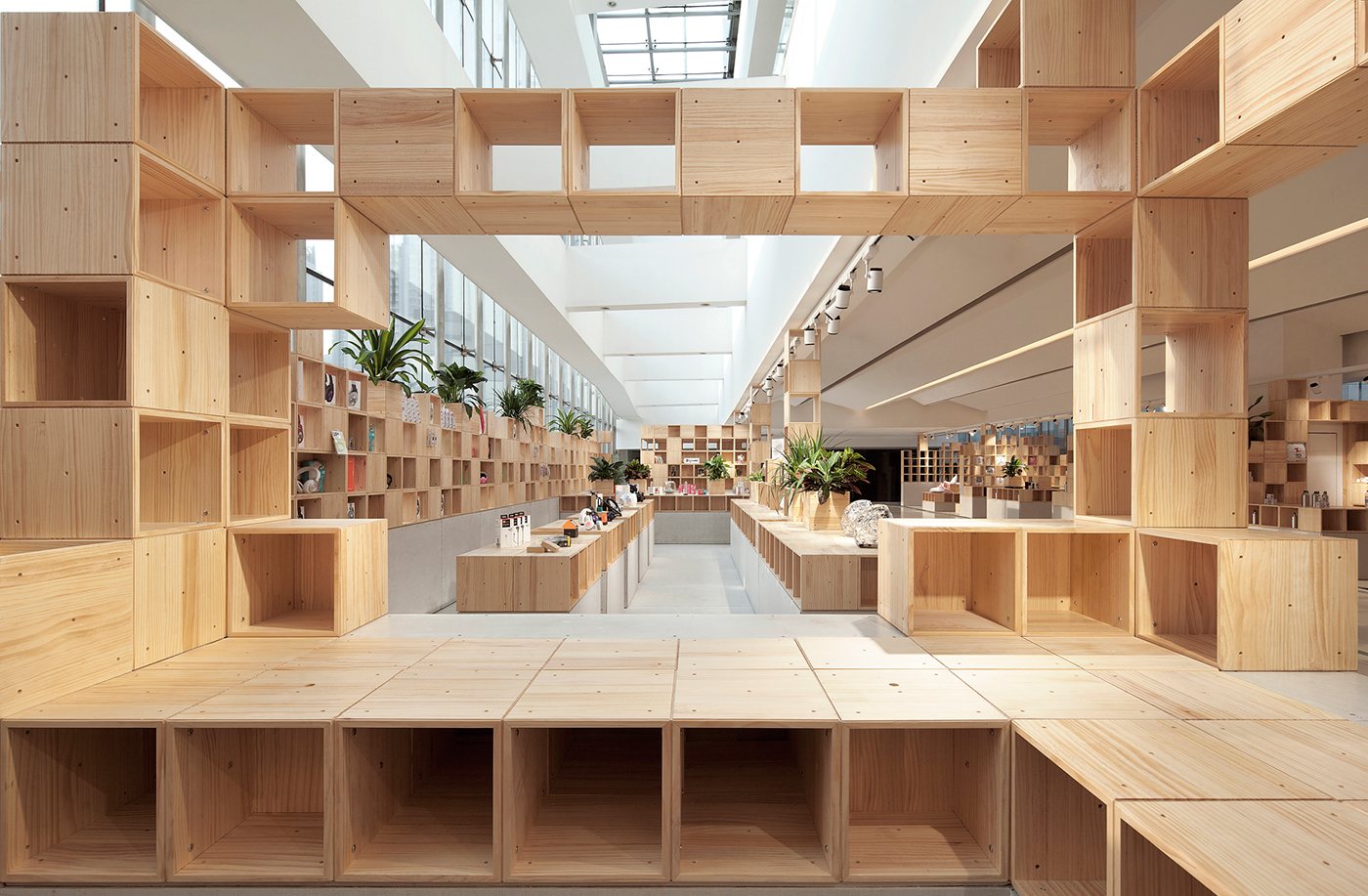 wood Interior modular box pixel stack flexible app Prefabricate Precast wooden Landscape shop store