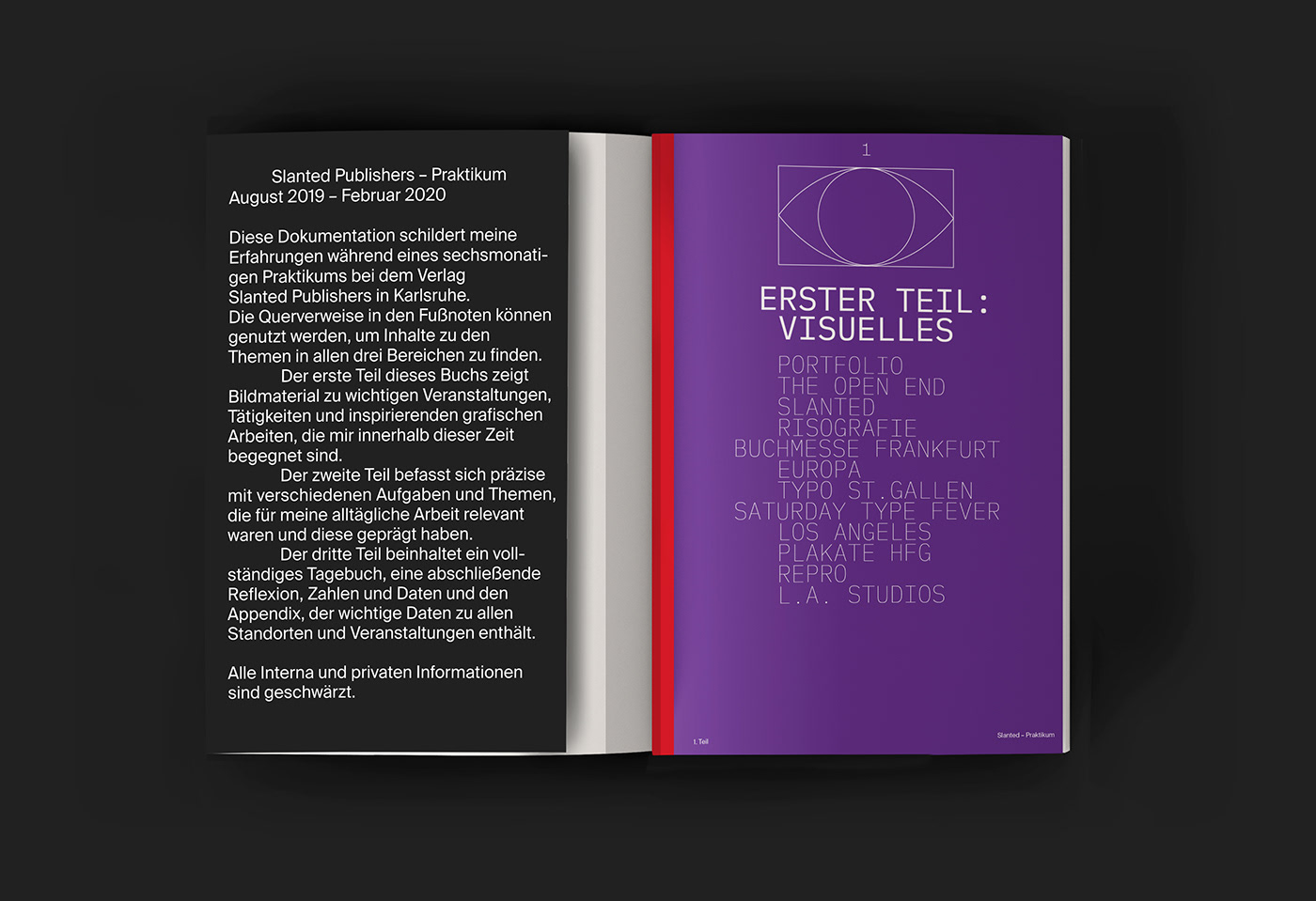 book design editorial internship internship report karlsruhe Praktikumsbericht schweizer broschur slanted trier typography  