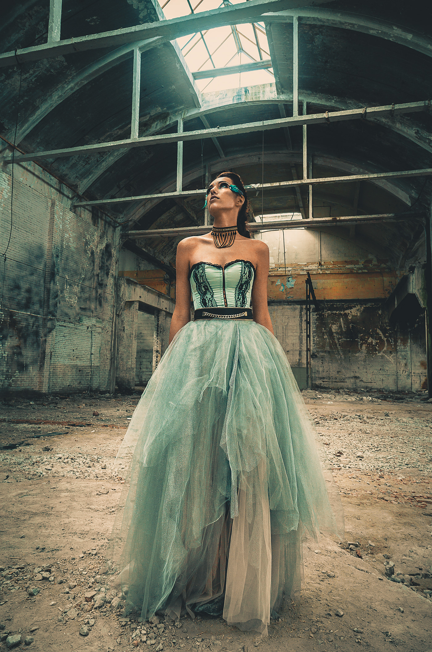 fantasy concept abandoned styling  beauty building factory story makeup dress