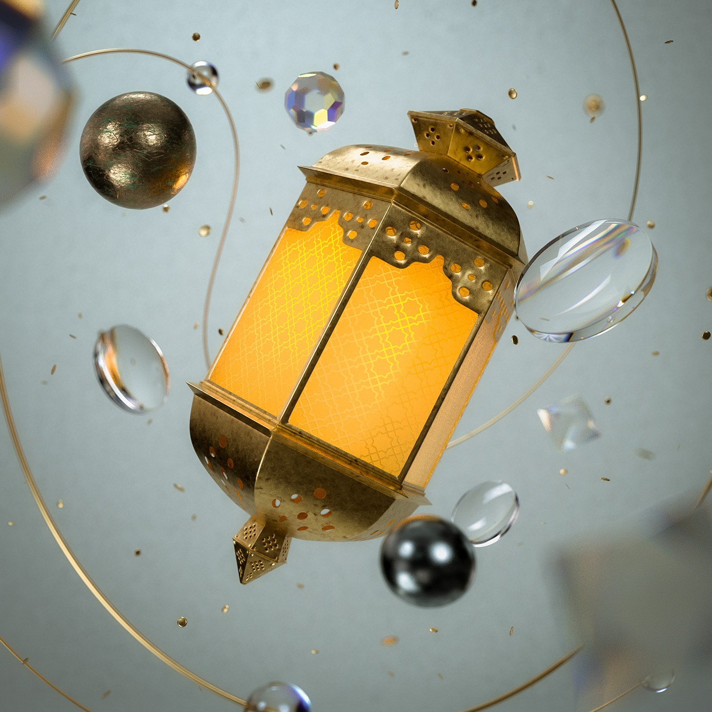 CGI crescent glass gold lantern octane ramadan reflection Arab islam