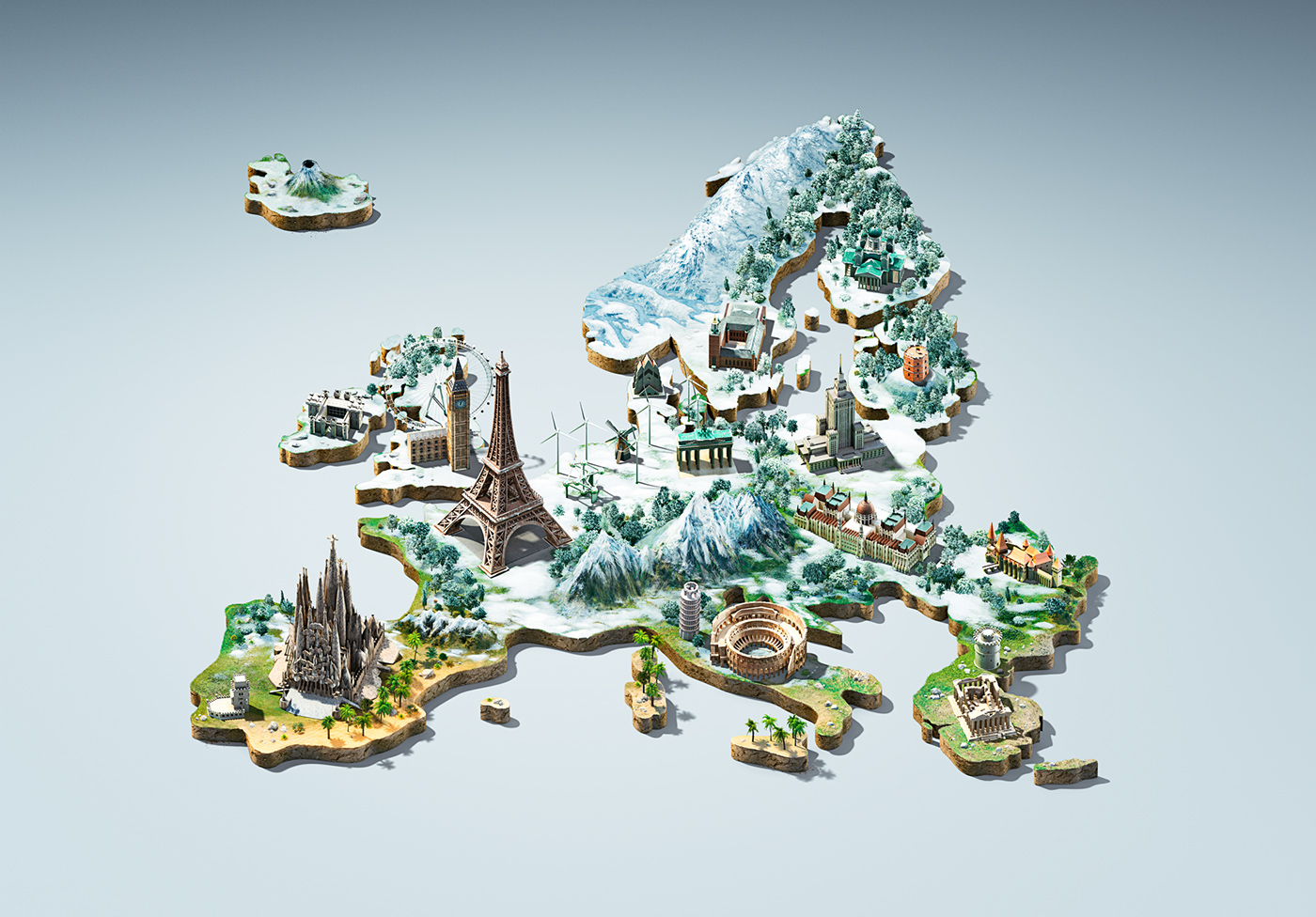 Europe map 3D CGI world countires Landmarks eifel tower big ben sagrada falimia