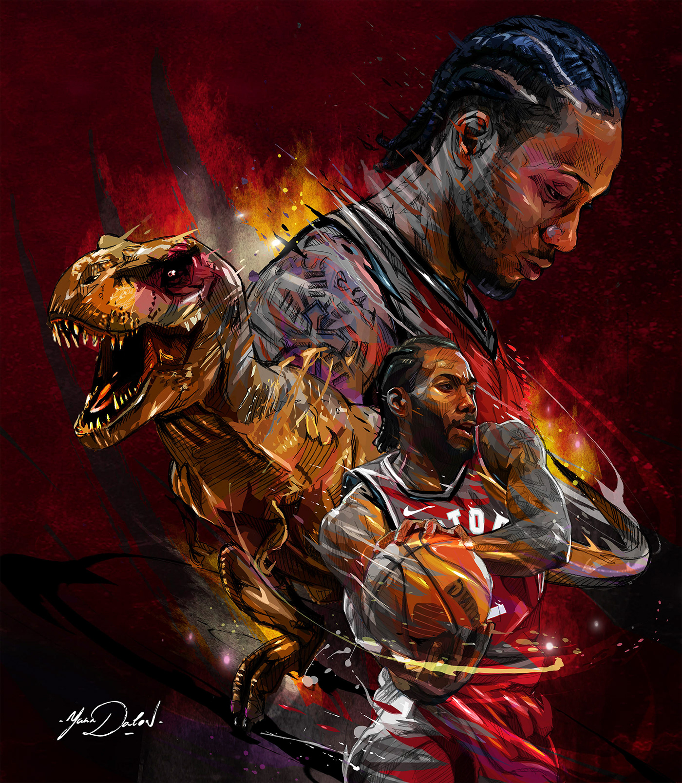 Toronto Raptors kawhi leonard NBA Dinosaur fire basketball poster Dynamic heat move