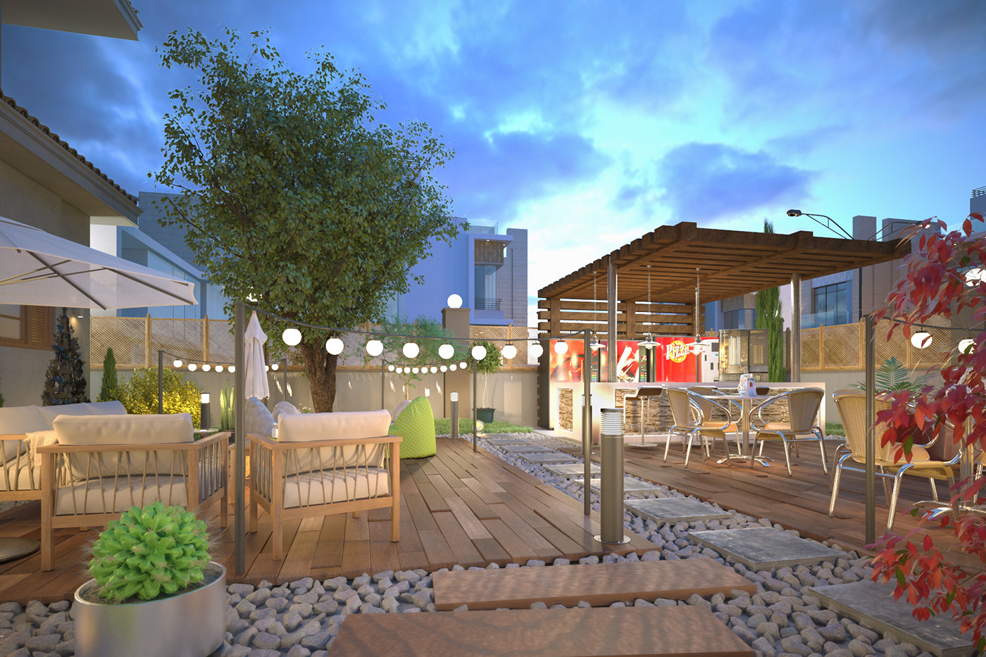 arcitecture exterior hotel design Landscape cafe Cars Seahouse Render modeling