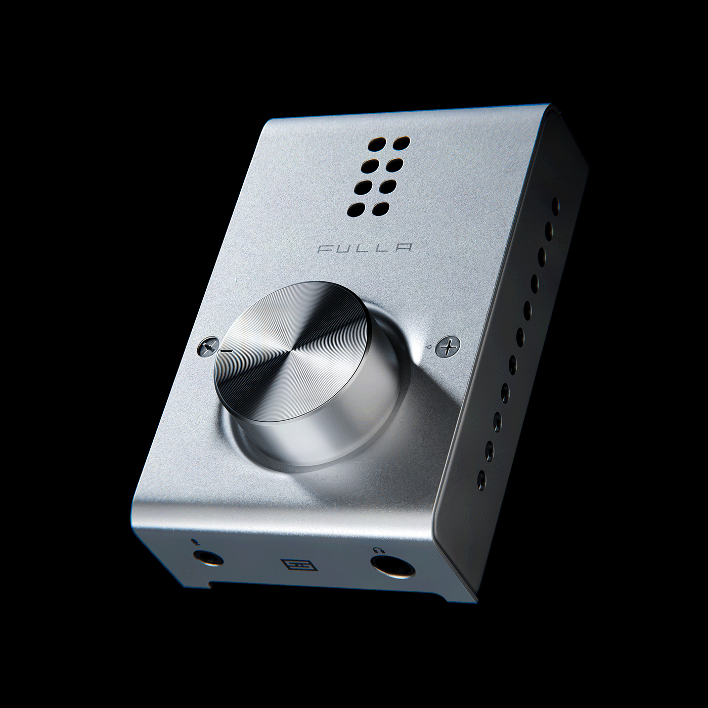 Schiit Fulla E silver DAC combo, stunning CGI render, elegantly floating on black background