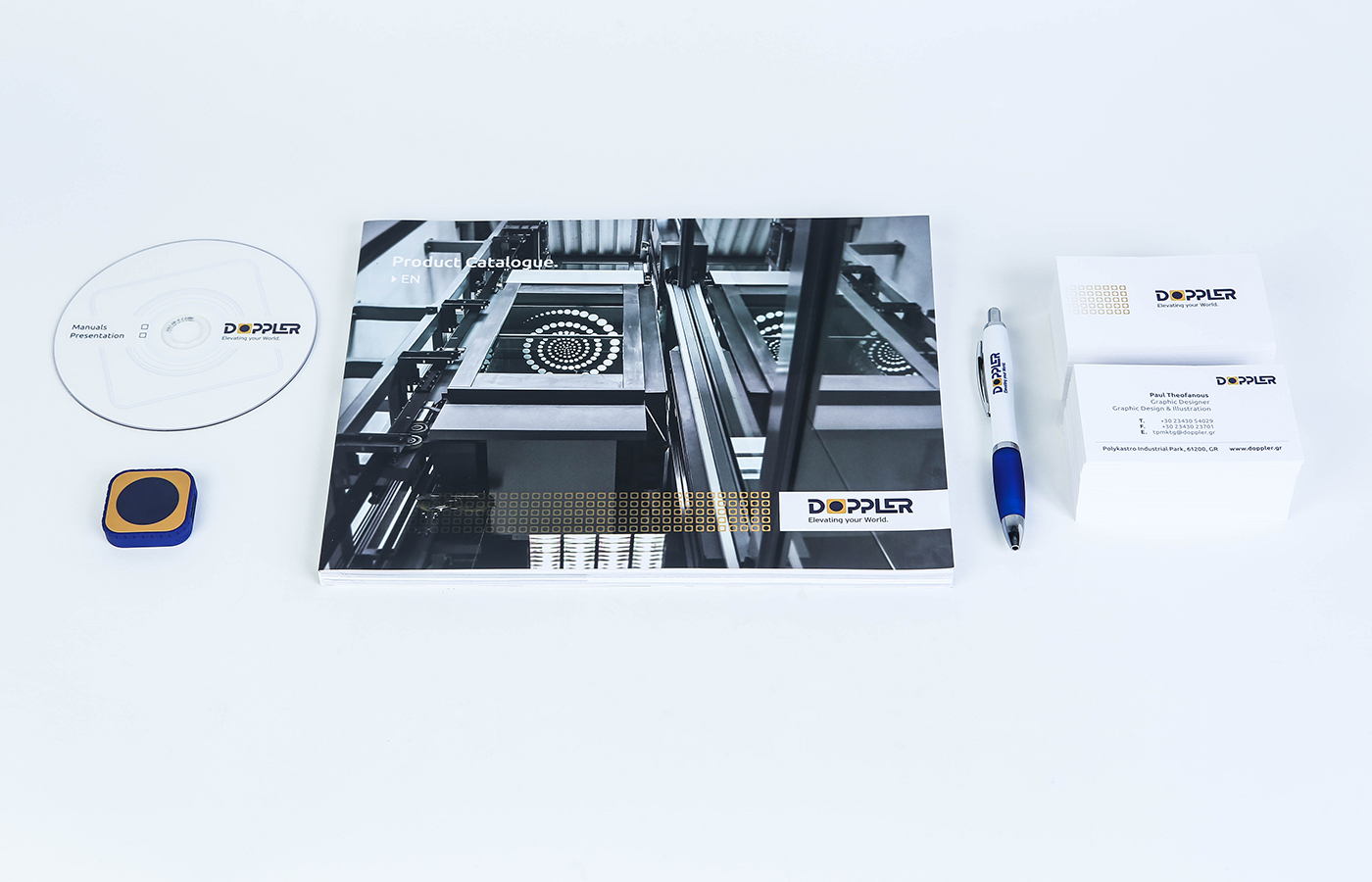 logo Rebrand brand infographics brochure Stationery letterhead corporate ID modern doppler industrial escalators Elevators Greece