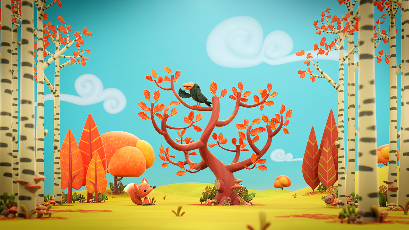 3D FOX blackbird autumn trees leaves
