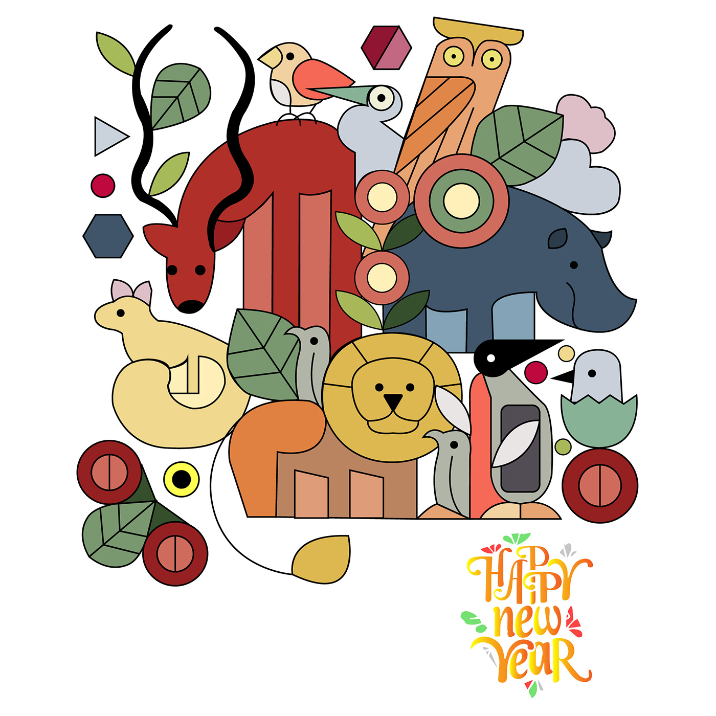 happy new year new year animations gifs gift card animals january graphic design  ILLUSTRATION  art style