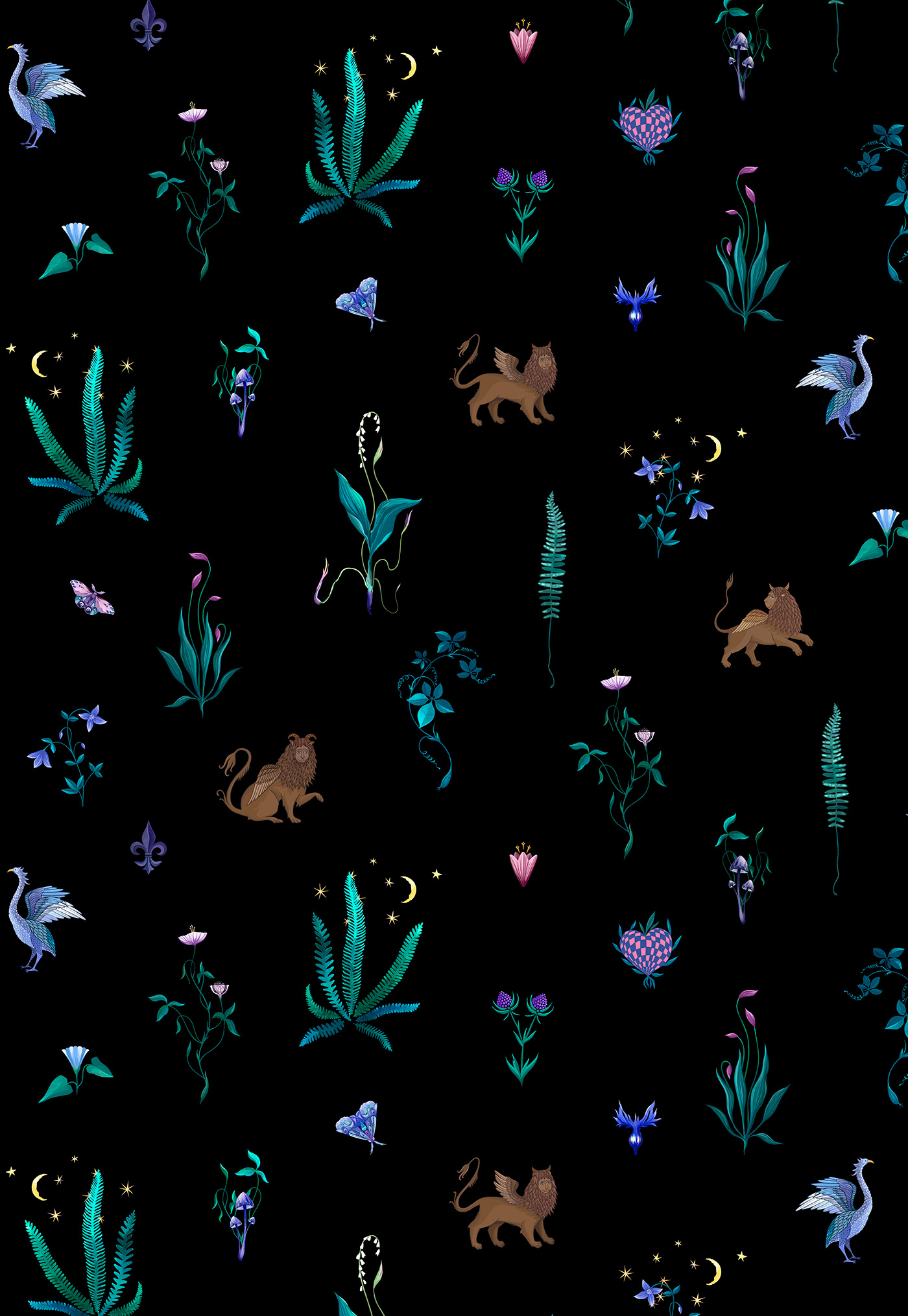Textile pattern show a magical flowers and mysterious creatures.