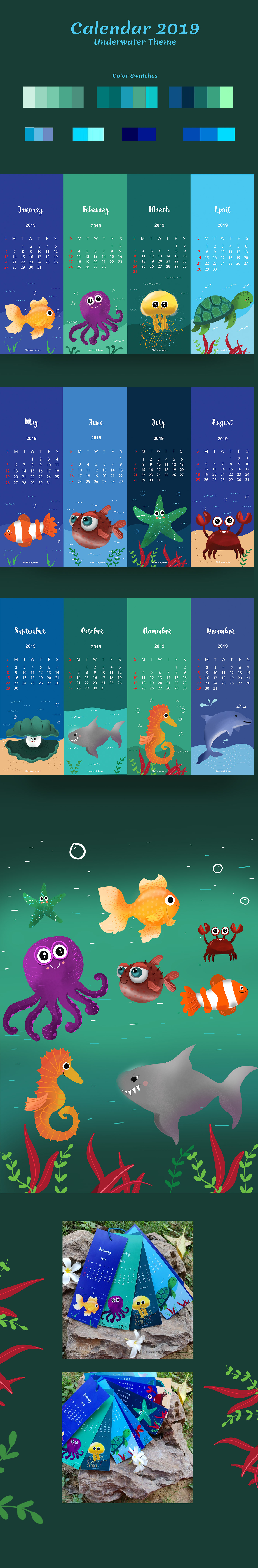 sea water creatures peace blue print calendar ILLUSTRATION  motion graphics