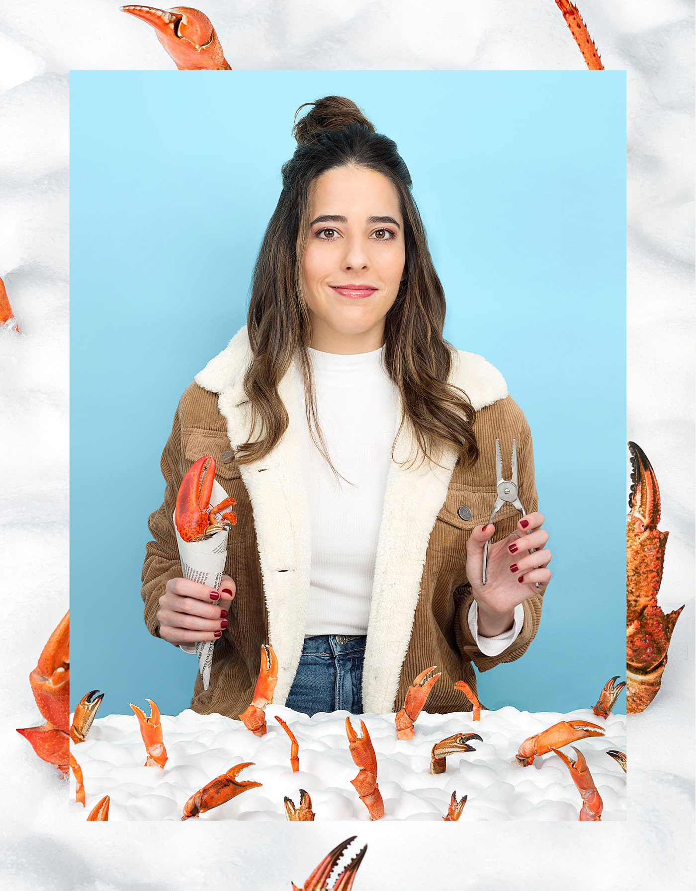 Creative and colourful portrait based on still life creative direction, lobster and snow