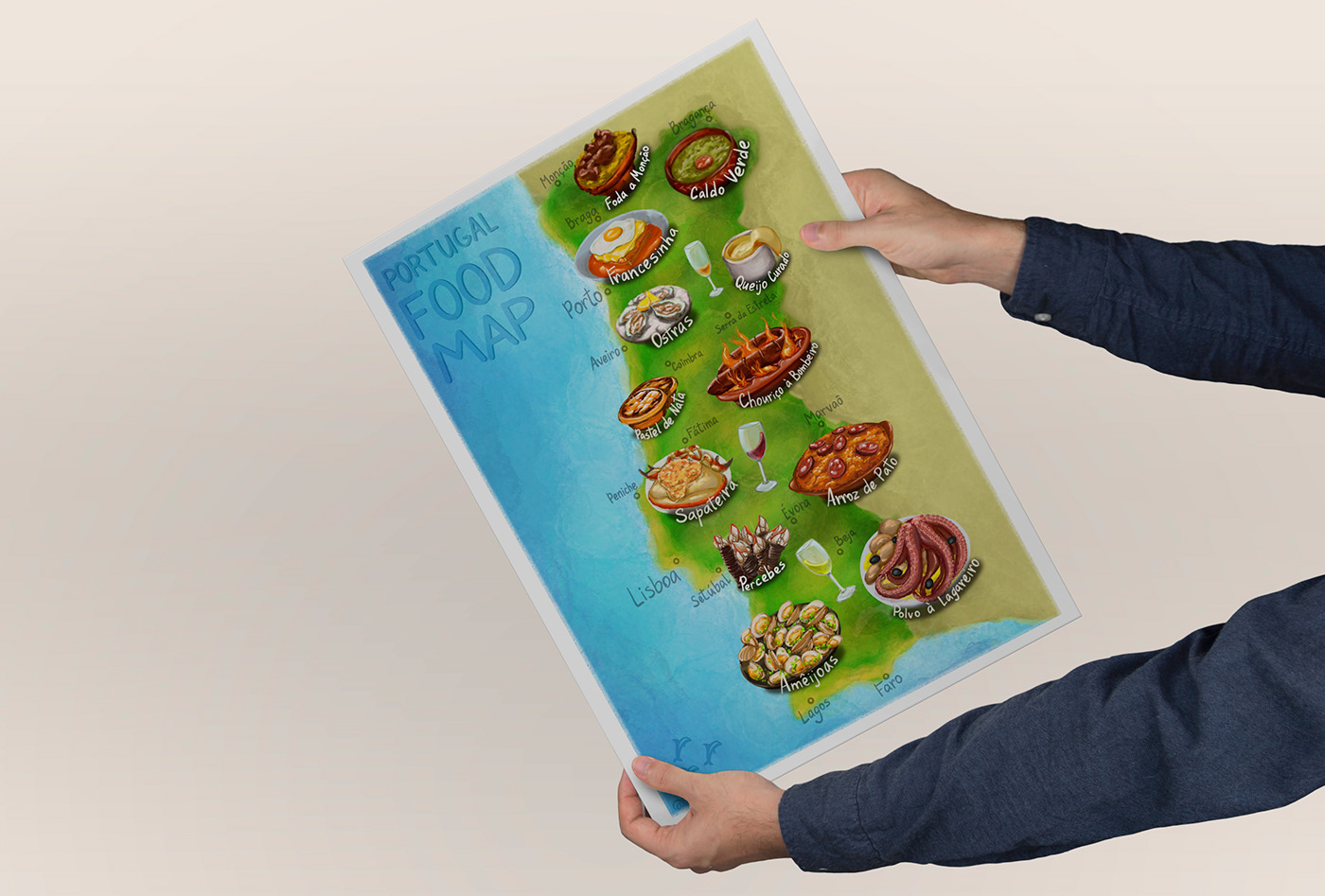 Hands holding Illustrated map of Portugal featuring national food