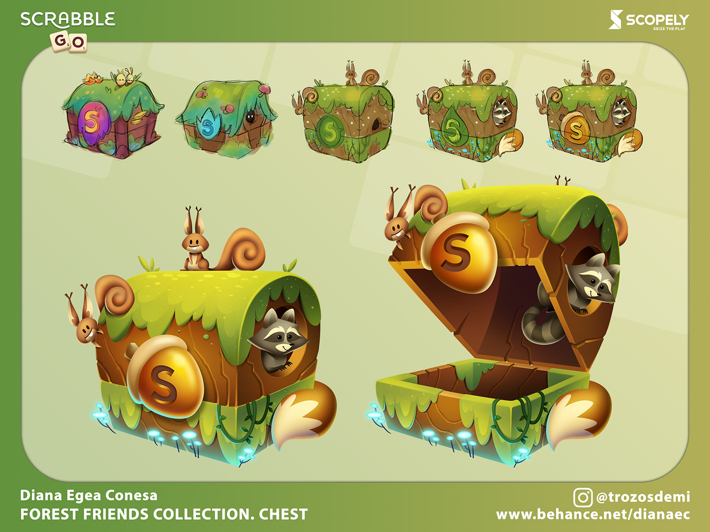 2D cartoon chest forest Game Art live ops logo Popup tile Wordgame