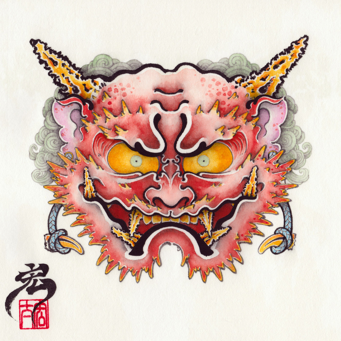 oni Setsubun tattoo demon japan ukiyoe creature red yellow face