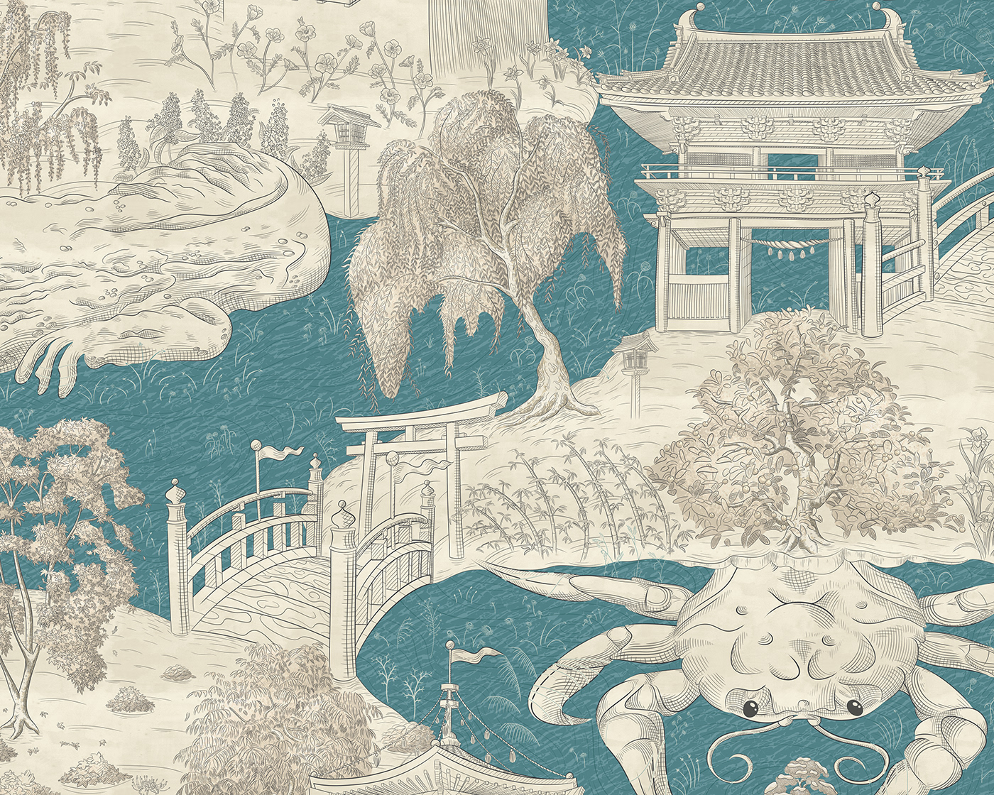 An illustration that shows two islands connected by a Japanese moon bridge and a giant crab.