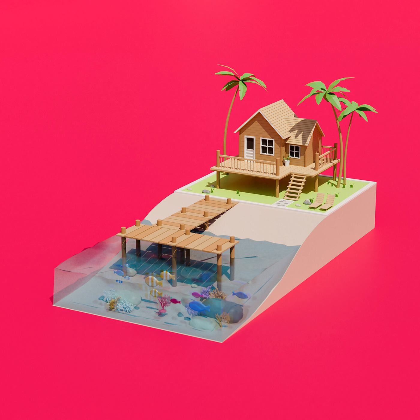 art direction  ILLUSTRATION  Low Poly low poly house Low poly island sea water