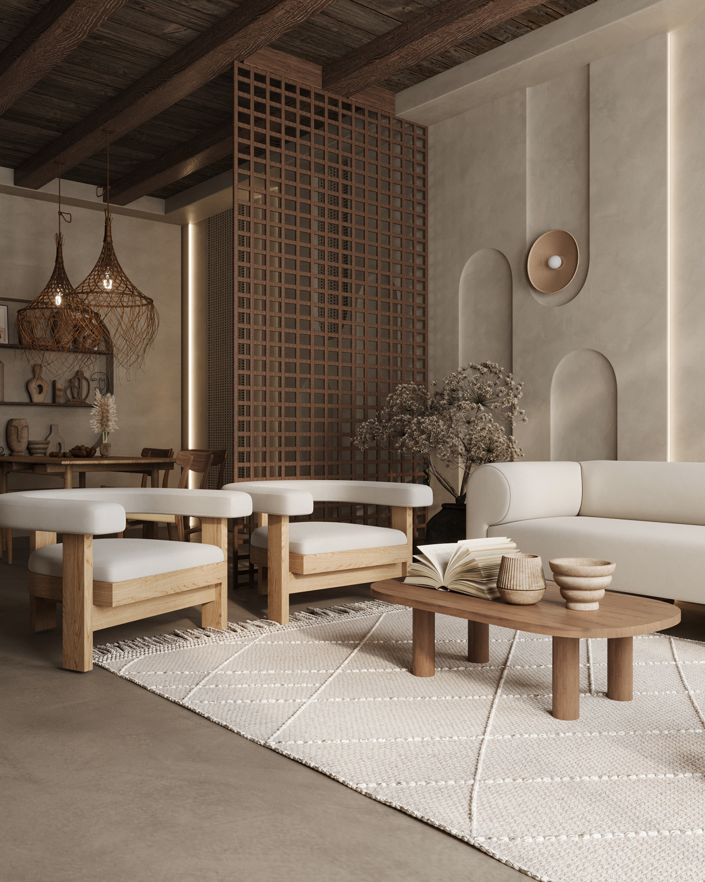3dmax architecture corona CoronaRender  dining interior design  living room Render visualization Wabi Sabi