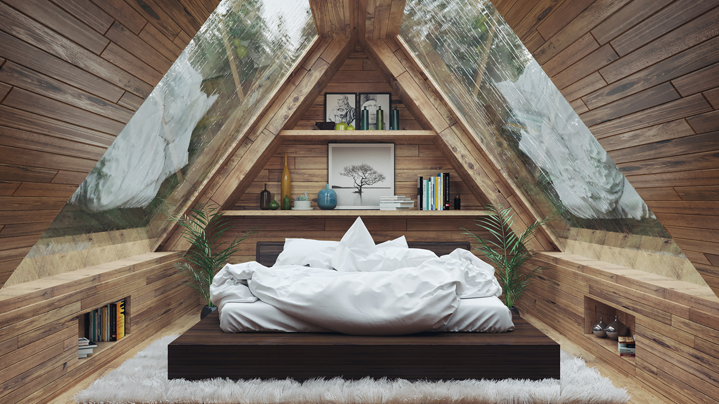 3D wood Interior bedroom cozy lighting realistic forest rain