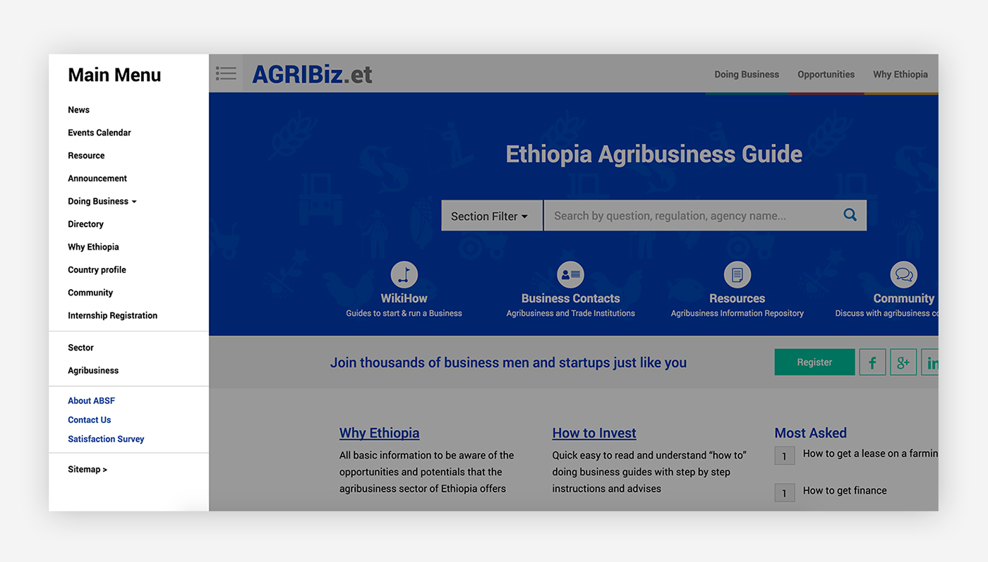 web portal Website UI ux web application blue ethiopia Addis Ababa home page doing business
