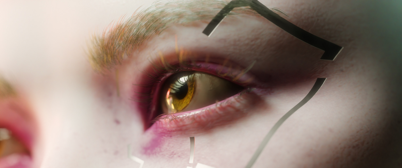 Closeup of a 3d eye, cyberpunk character