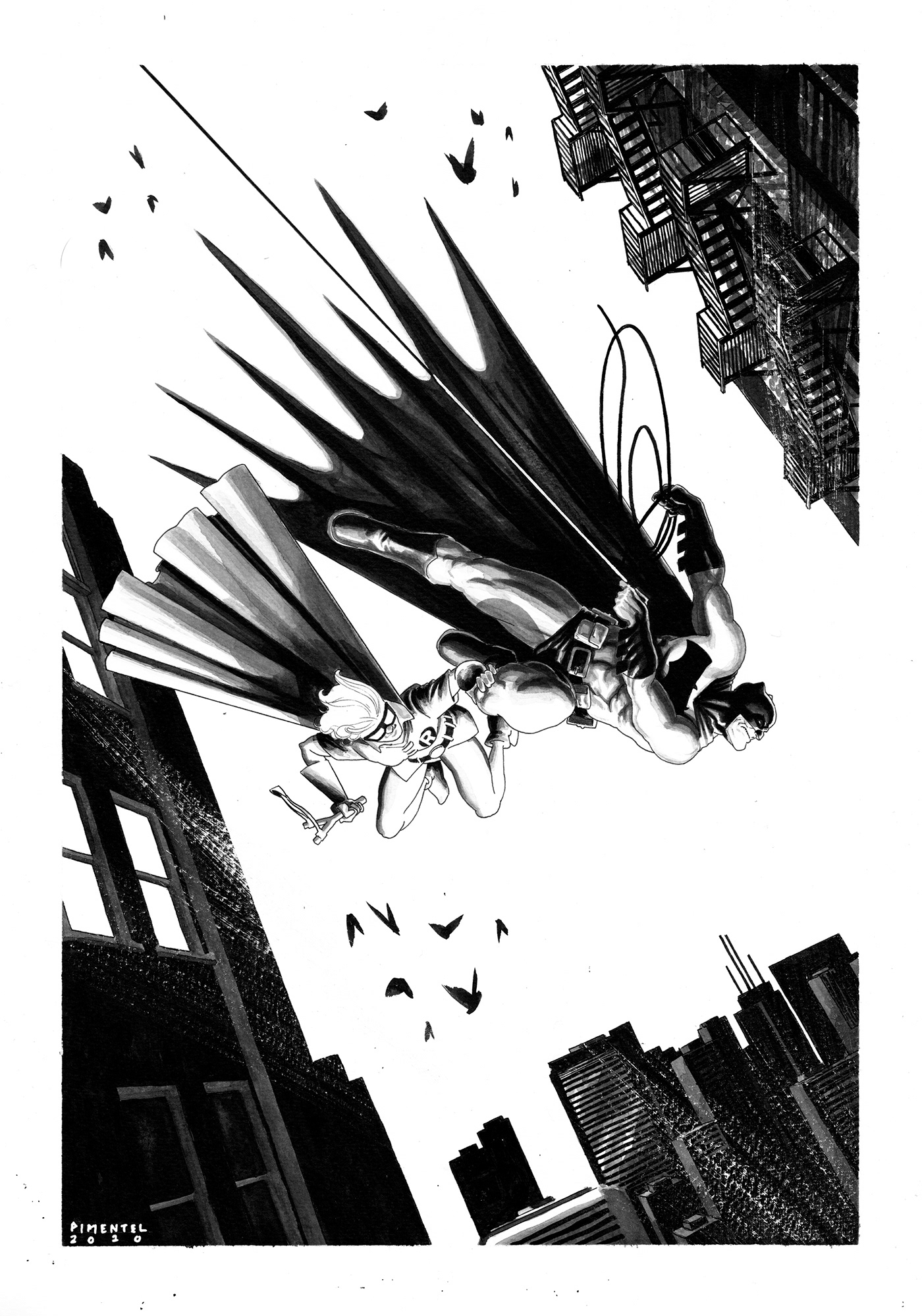 batman brucewayne CarrieKelley comics commission darkknight ink inkwash pinup robin