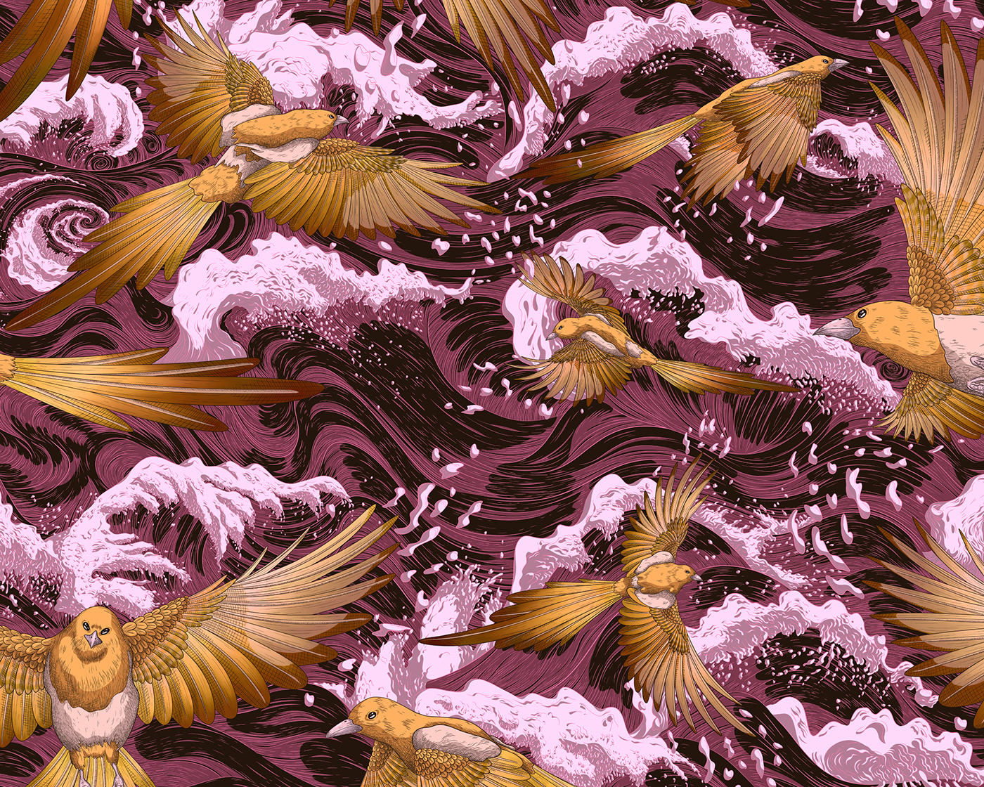 Repeat pattern of golden magpies flying above a deep plum coloured ocean.