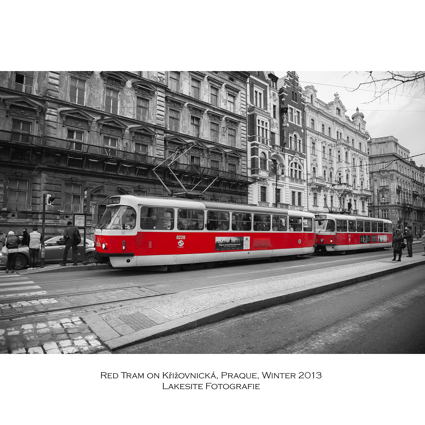 Praque tram winter black White city transportation red people
