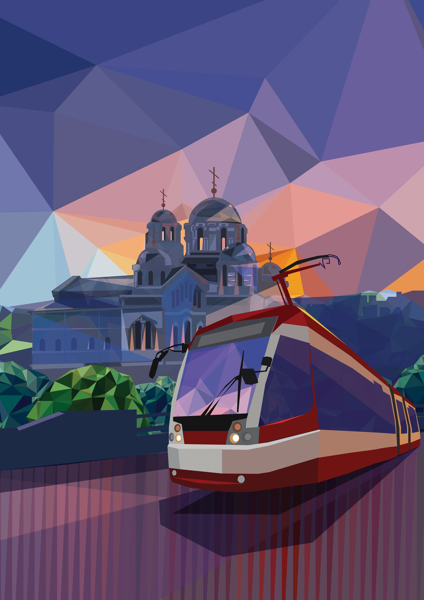 Trams Low Poly calendar illustrated vector industrial Russia city