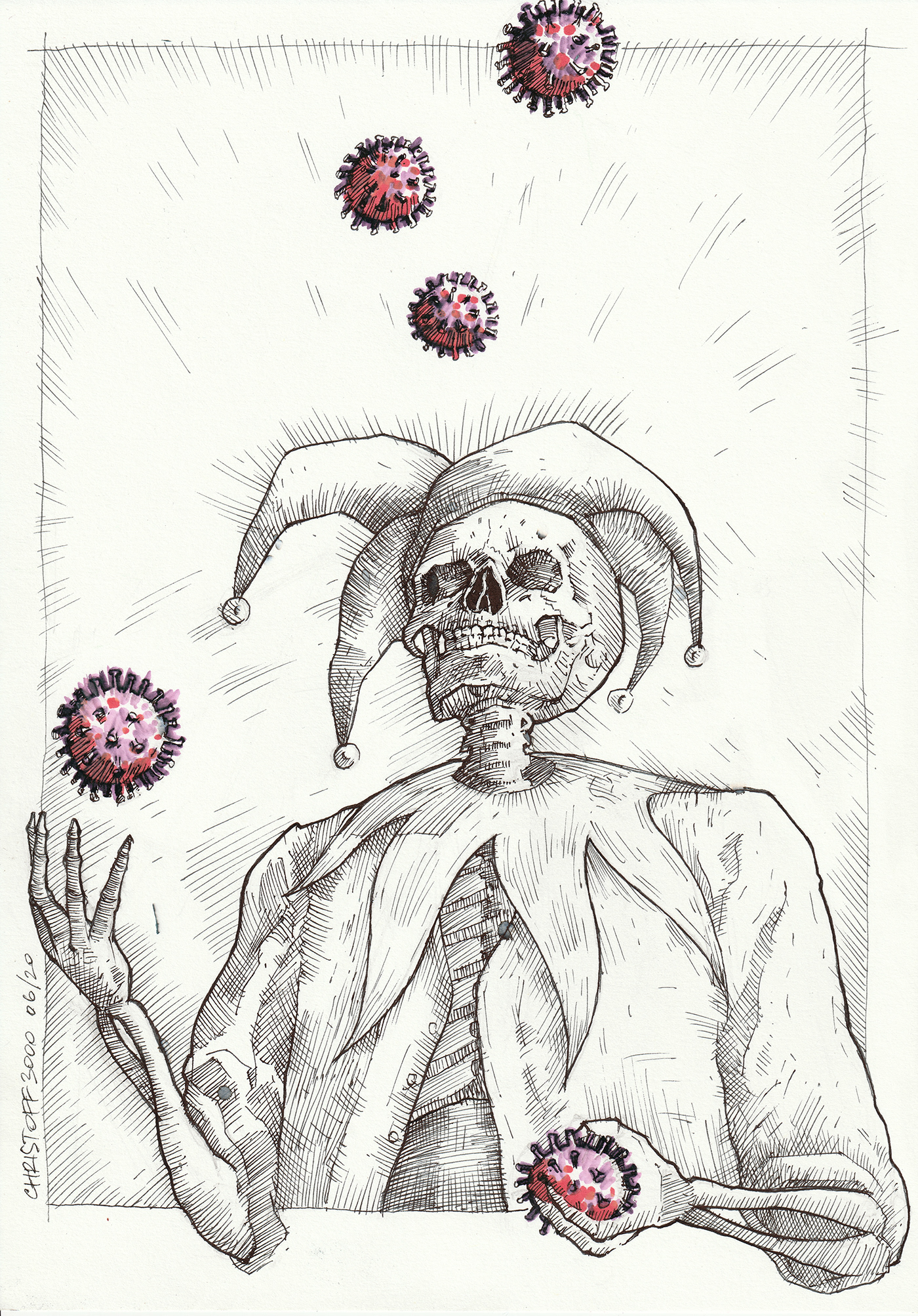 Coronavirus COVID-19 juggling macabre pandemic skeleton UK