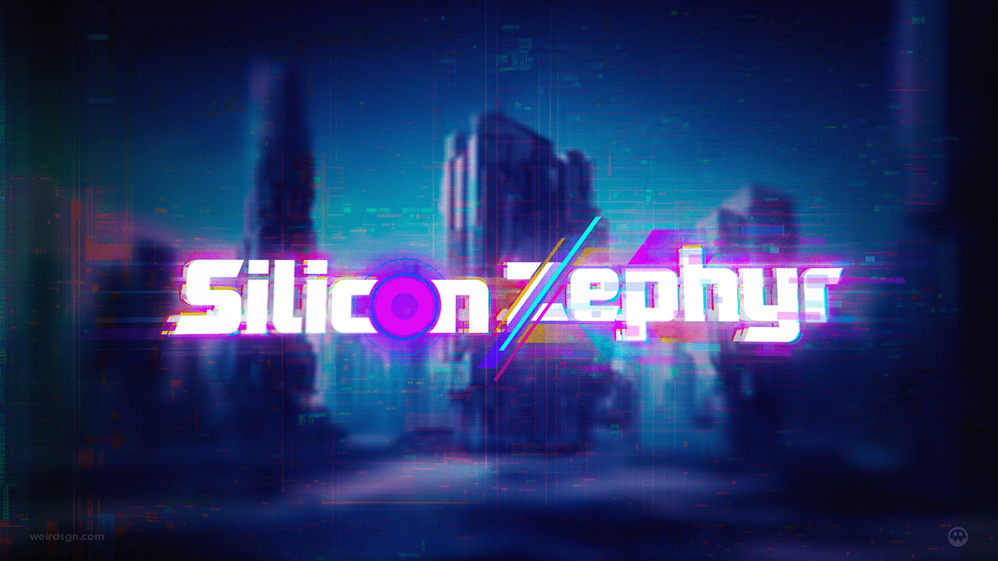 A glitchy futuristic cyberpunk game logo: Zilicon Zephyr