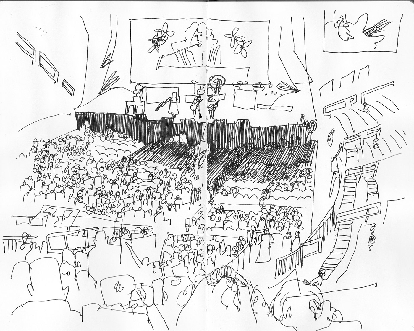 sketchbook reportage illustration drawing on location watercolor line drawing concerts life drawing animals movement music