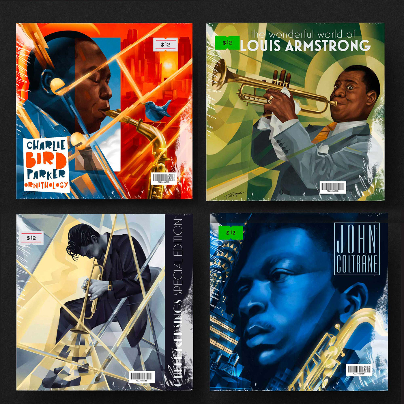 jazz music Cover Art cubism artdeco portraits chet baker Louis Armstrong Miles Davis John Coltrane
