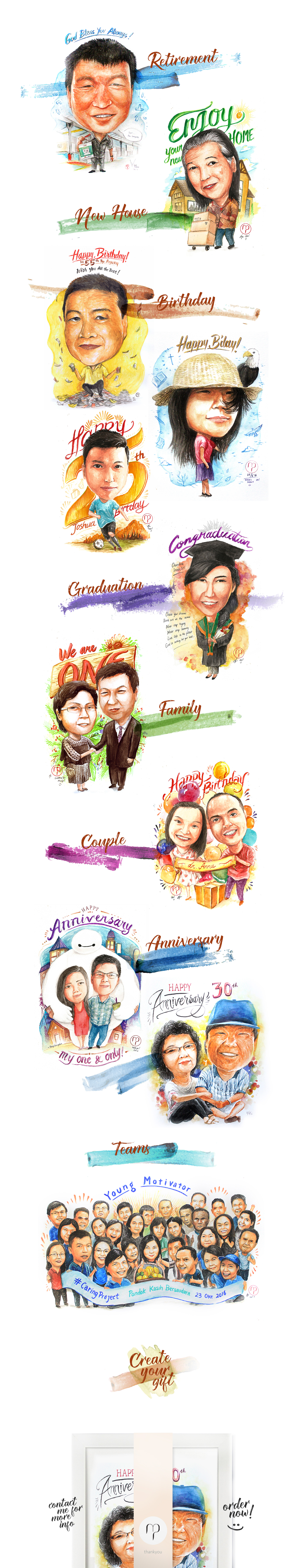 art caricatures drawings watercolor sketch people family friends anniversary Birthday