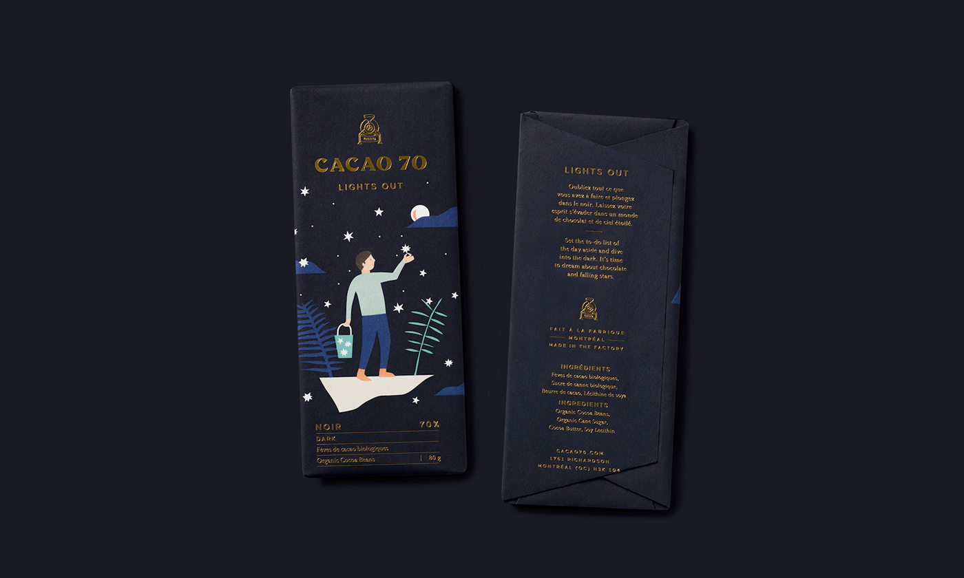 Packaging ILLUSTRATION  Montreal chocolate design colors gold premium Cacao 70 in good company