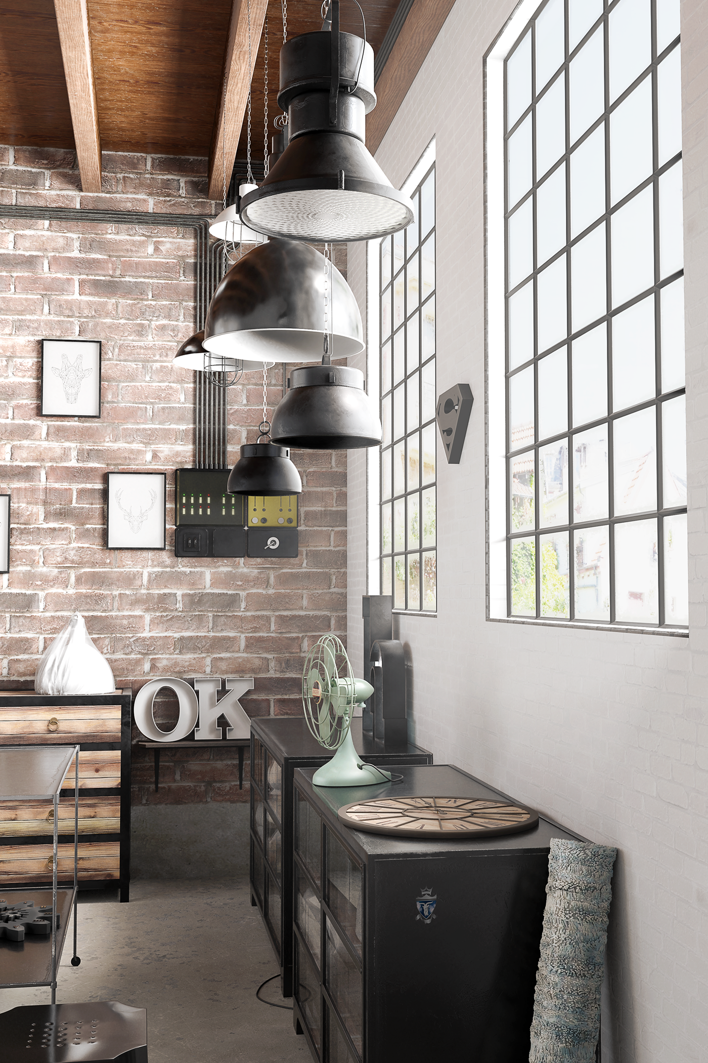 3D CGI dirty shop store Lamp furnitures metal wood stone
