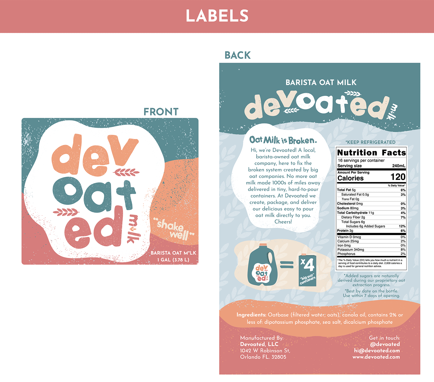 Two label designs made in adobe illustrator for an oat milk brand