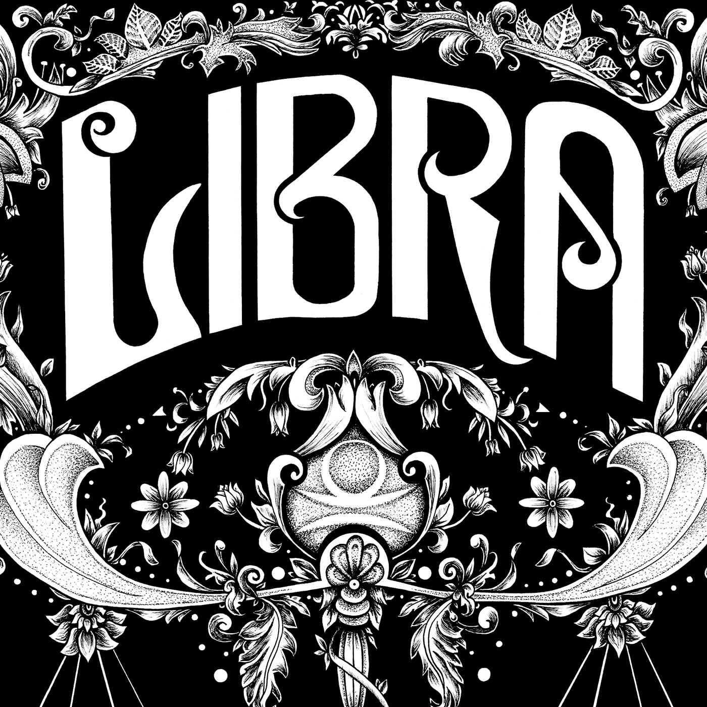 libra Zodiac Sign Space  planet Flowers typography   lettering waga hand drawing black ink