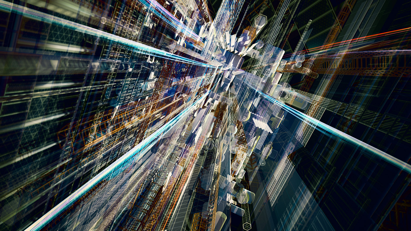 3D abstract architecture chaos Cyberpunk bright Colourful  Scifi vibrant