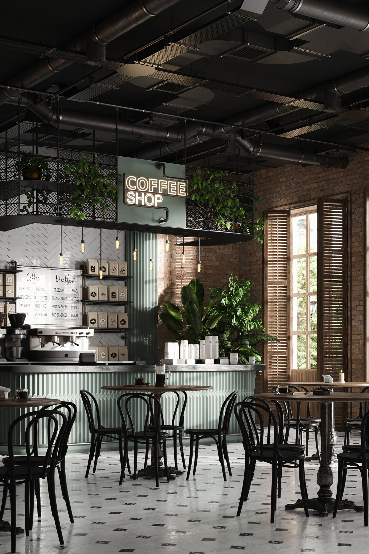 3dsmax CGI coffee shop Interior interior design  interiordesign LOFT DESIGN Render visualization