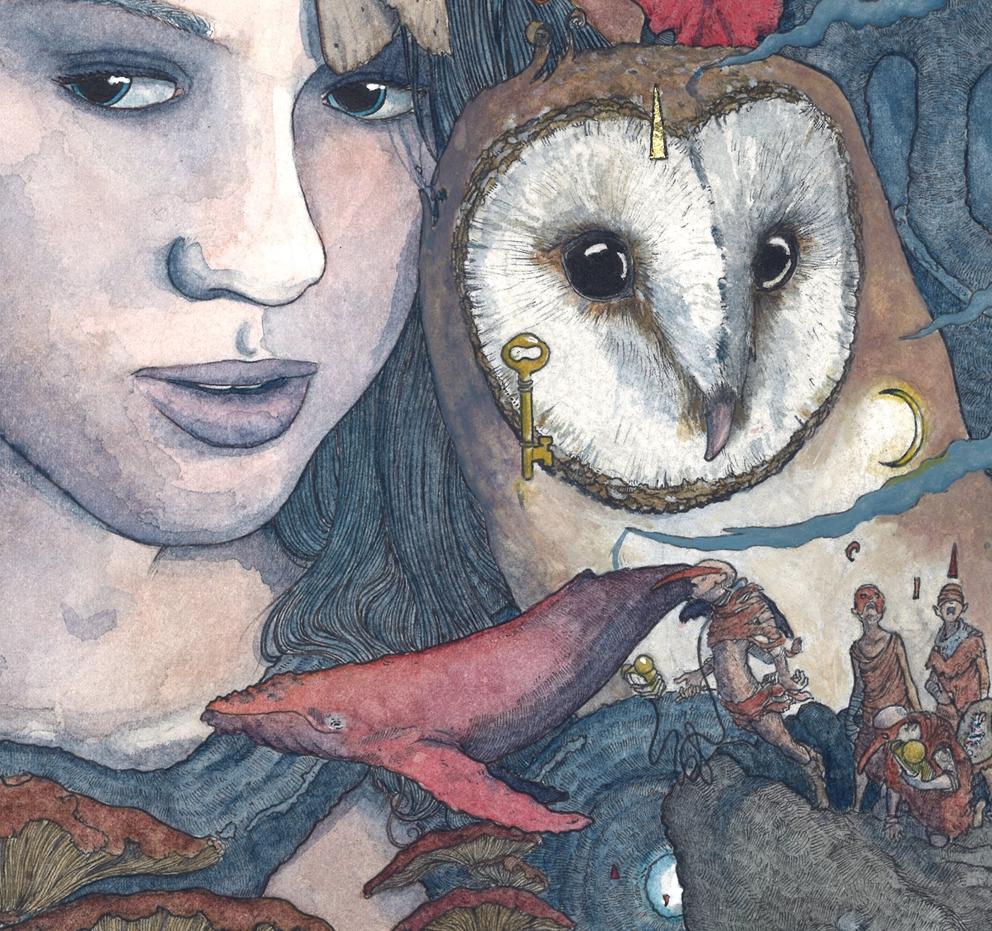 watercolour gouache owl dark Flora fauna surreal skull detail ink