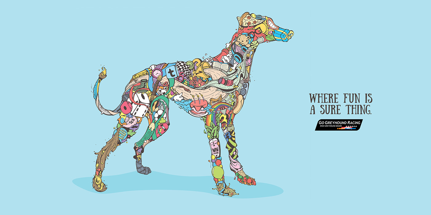 Irish greyhound dog Fun collage Racing Drawing  Colourful  flow Entertainment sharing good time